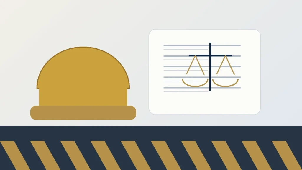 Casco de seguridad, documentación y balanza sobre responsabilidad por accidente laboral